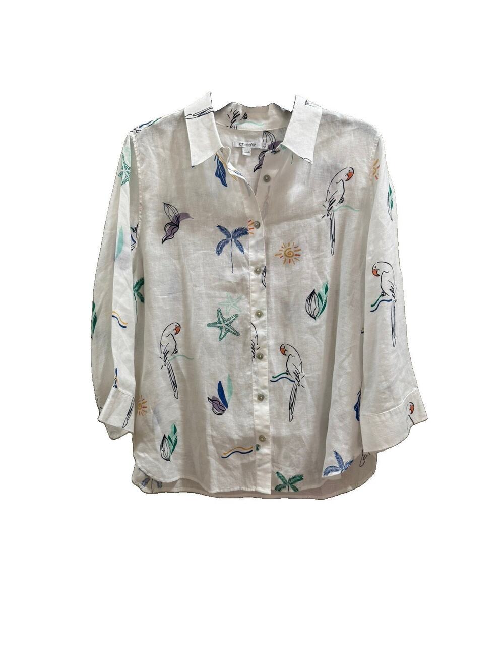 Chico’s Linen Button Down Shirt Women’s 1.5 US 10 White Tropical Parrot Print